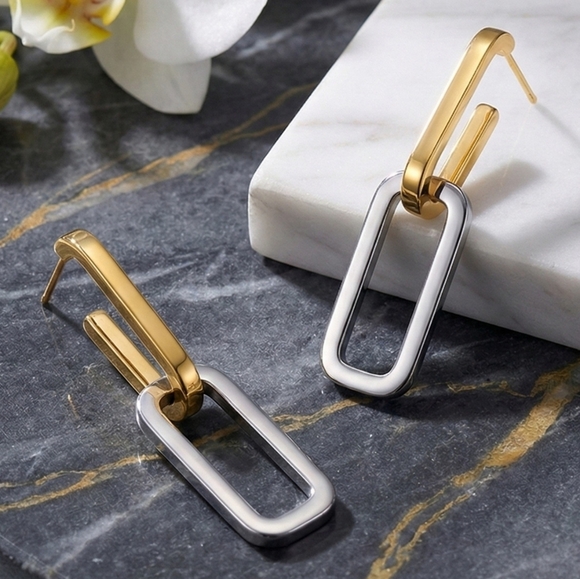 Minimalist Chic Two Tone C Hoop Earrings 18K Gold Plated Stainless Steel - Picture 14 of 14